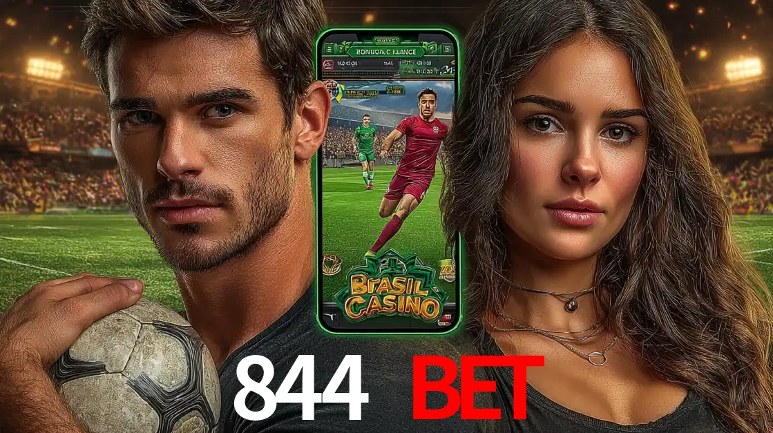 Homem segurando uma bola de futebol e uma mulher ao lado de um smartphone exibindo o jogo de apostas esportivas da 844 BET. Faça seu palpite no cassino online.